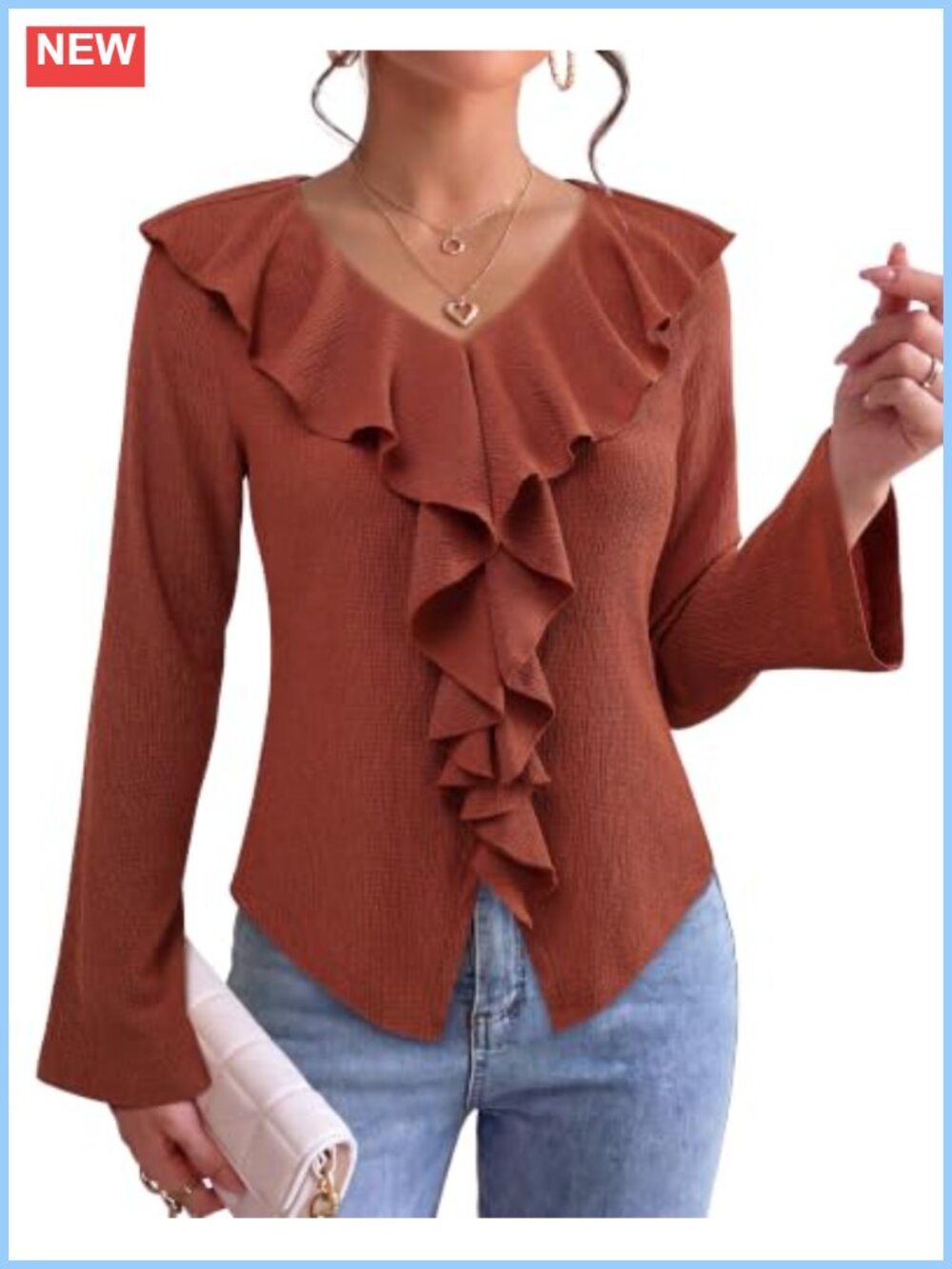 Youtalia Womens Ruffle V Neck Blouse Flared Sleeve Tunic Top